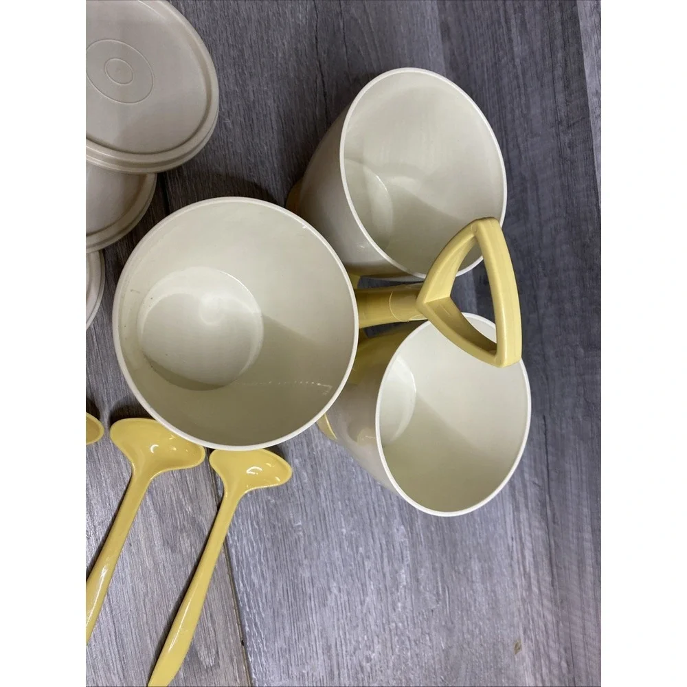 Vintage Tupperware Gold and Almond Condement‎ Caddy Set w/ Cups, Lids & Spoons